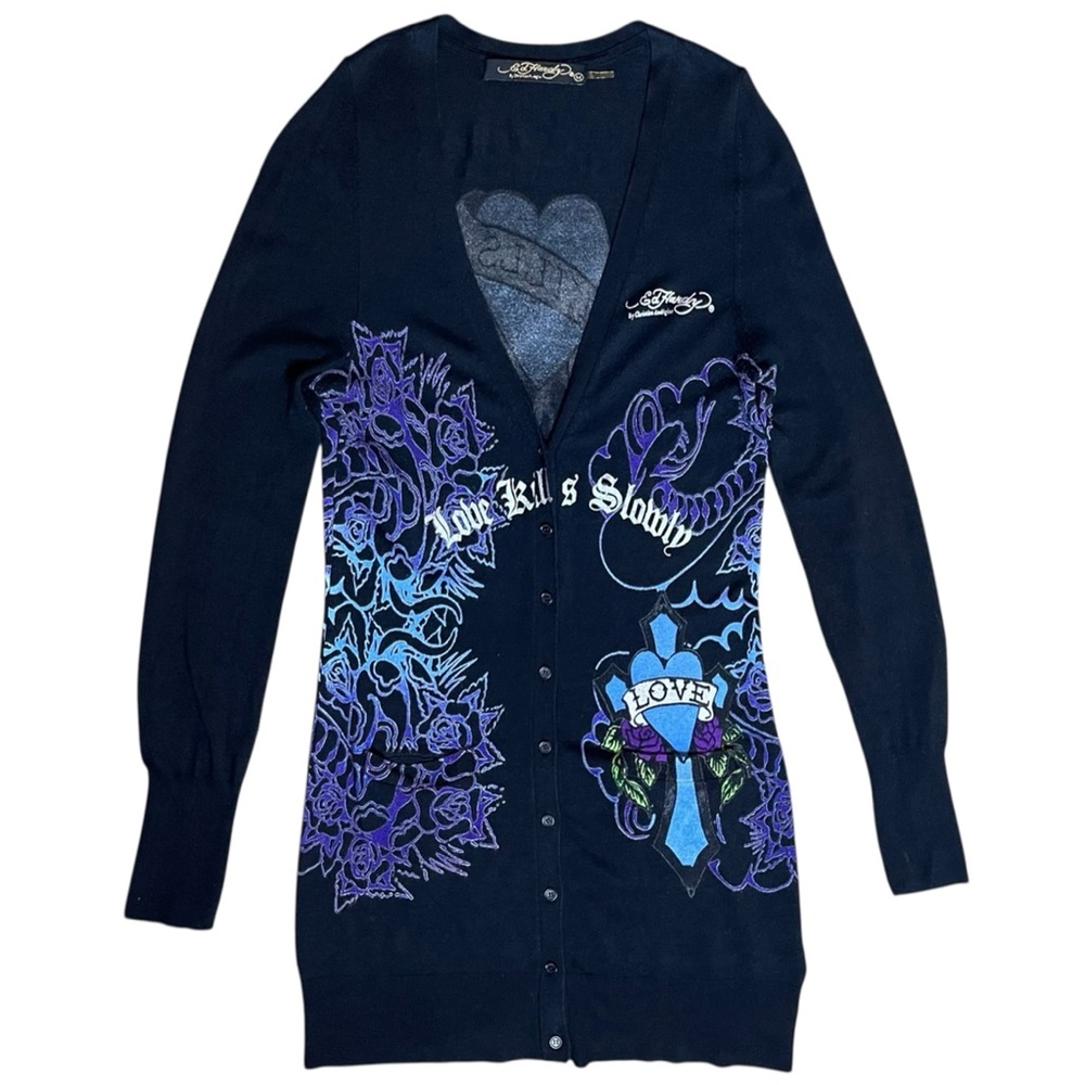 Ed Hardy Long Cardigan Cover Up Love Kills Slowly Medium Vintage Y2K Streetwear